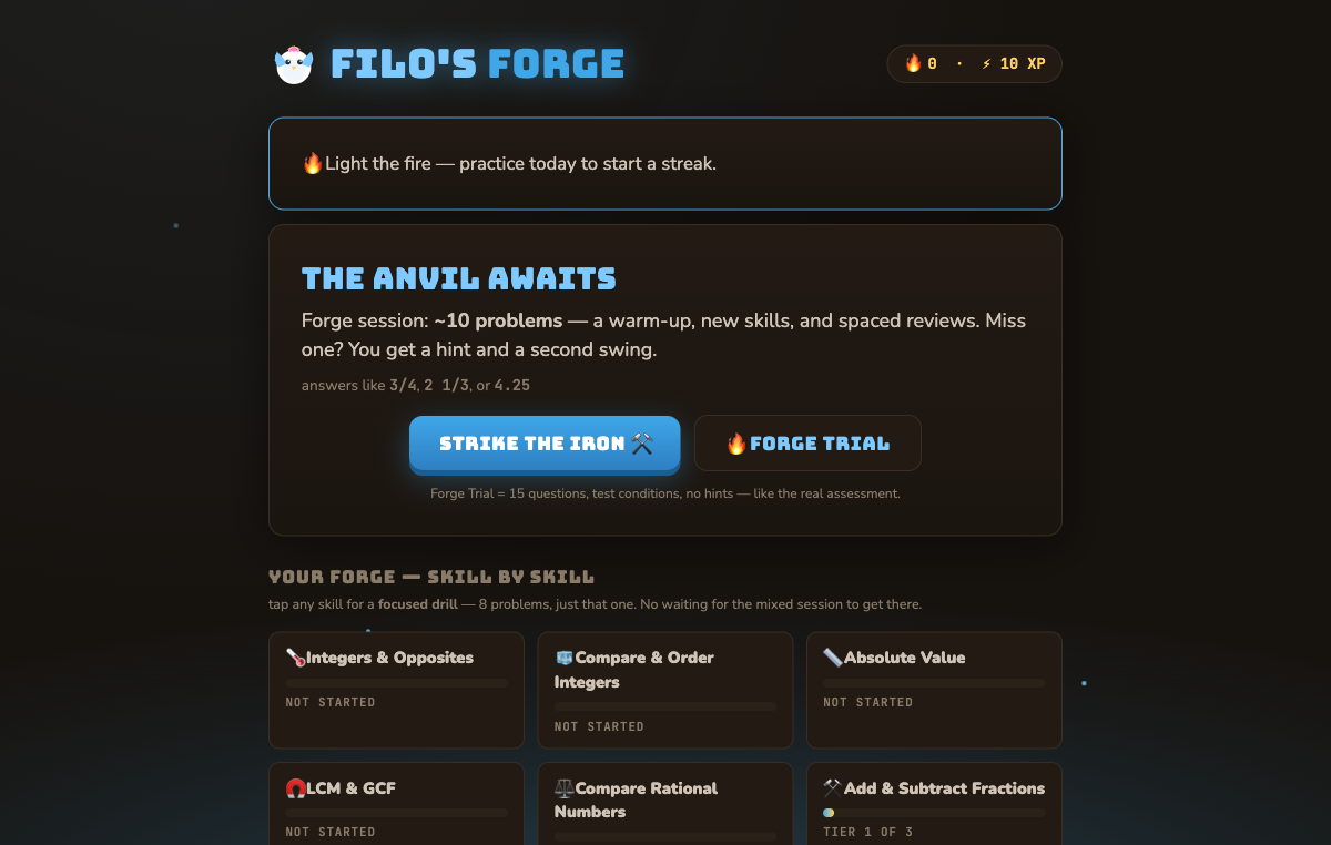 A themed practice home screen with a tappable skill grid